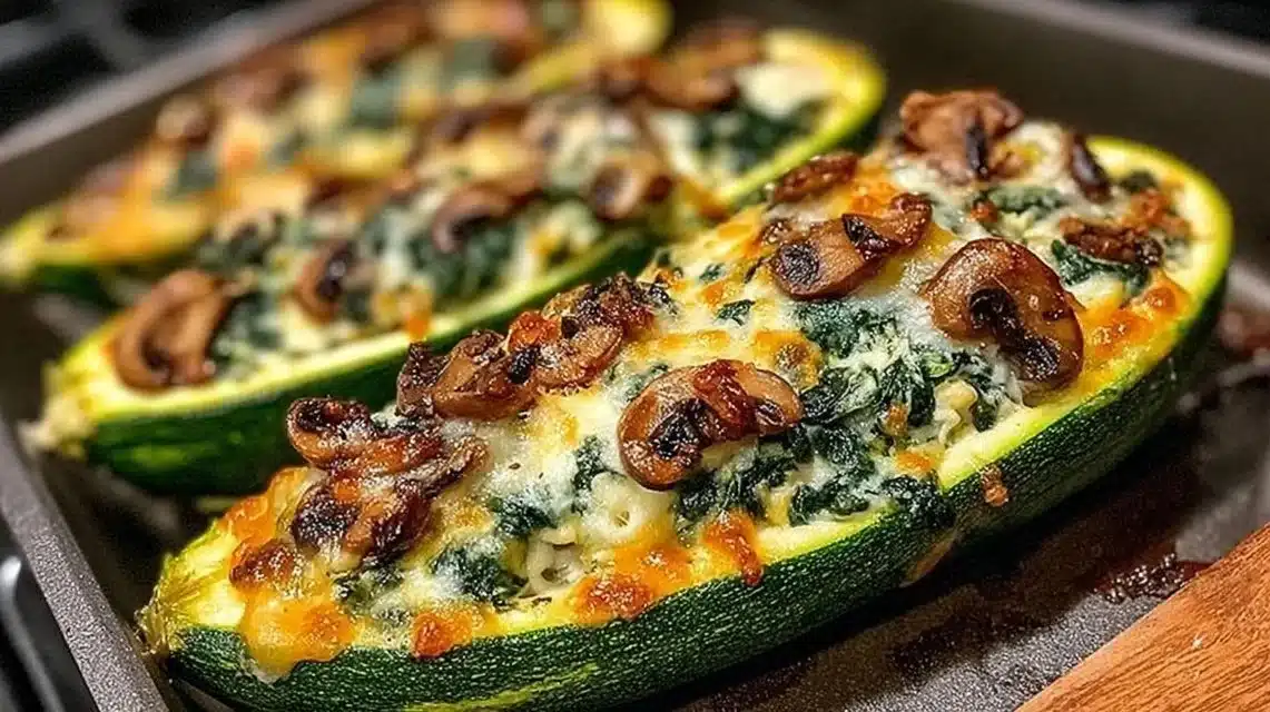 Spinach, Mushroom, and Ricotta Stuffed Zucchini Boats ready to eat