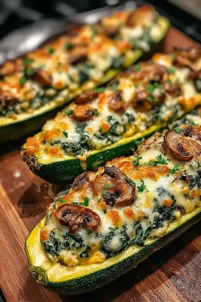 Spinach, Mushroom, and Ricotta Stuffed Zucchini Boats