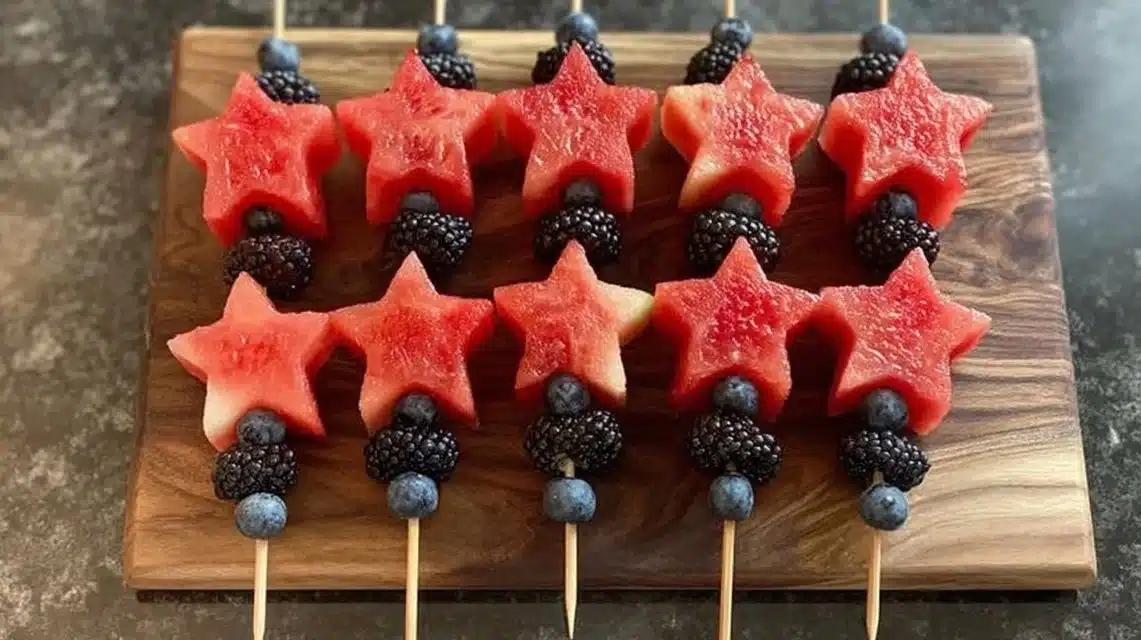 Star-Spangled Fruit Skewers with berries and melon arranged in patriotic colors