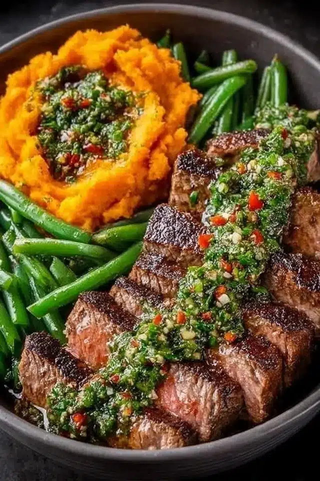 Steak Bowl with Sweet Potato Mash & Garlic Green Beans