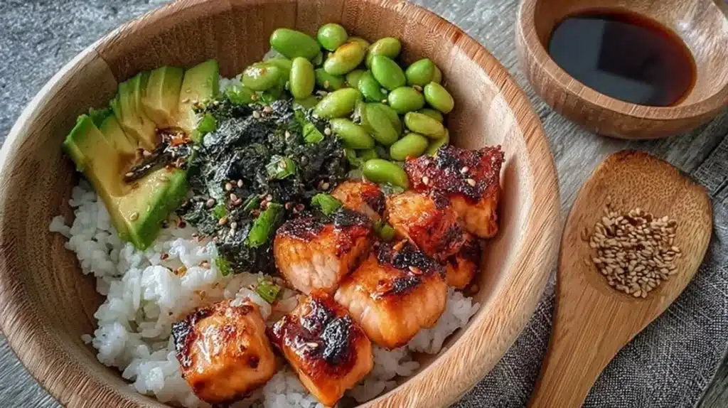 Delicious gluten-free teriyaki salmon sushi bowl with fresh ingredients