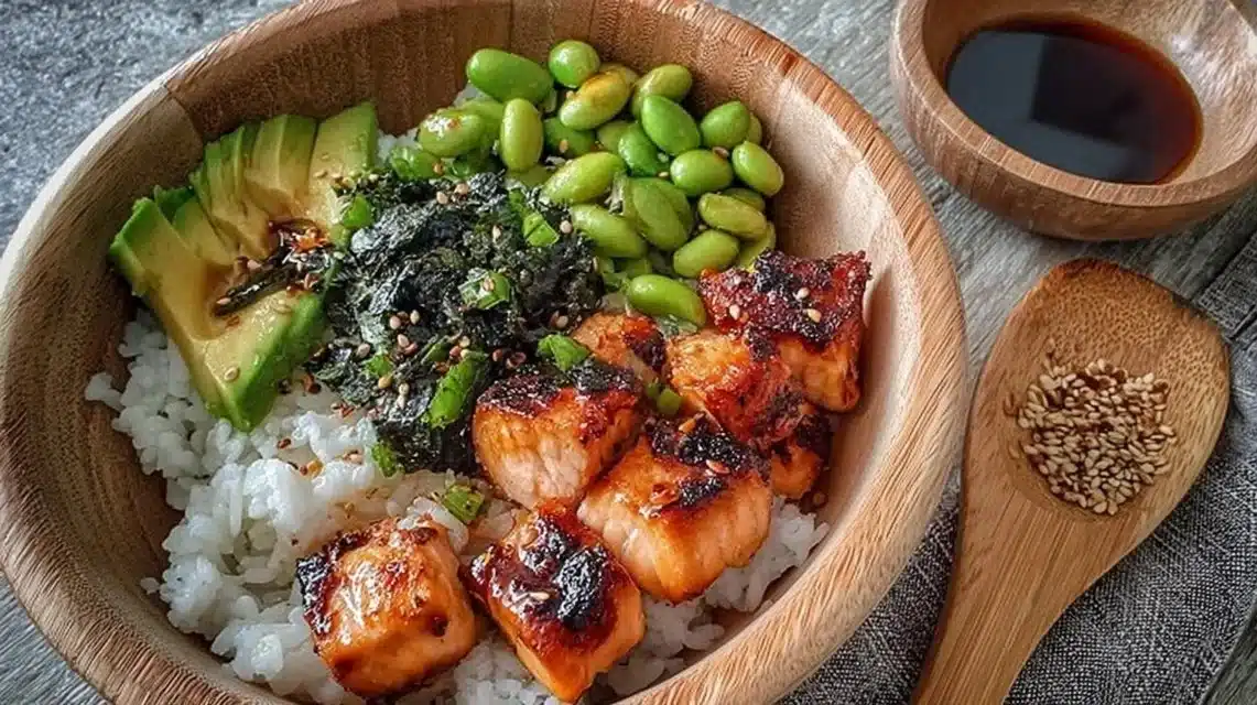 Delicious gluten-free teriyaki salmon sushi bowl with fresh ingredients