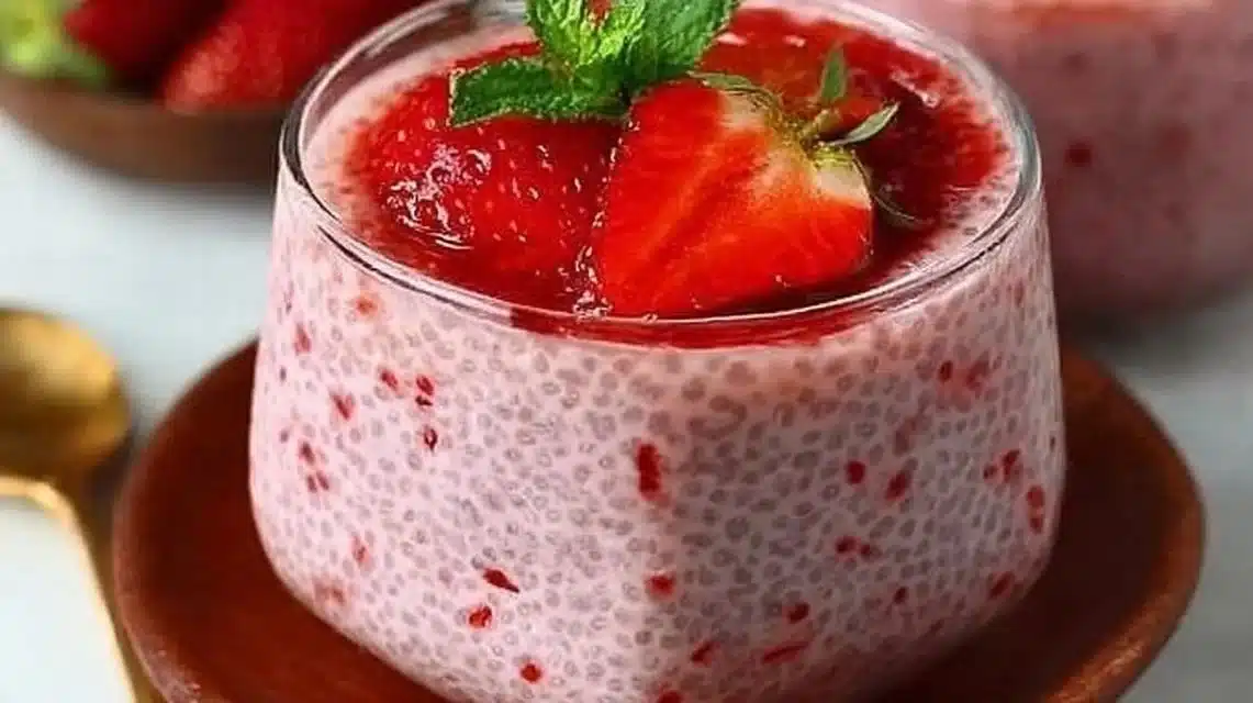 Delicious Strawberry Sago dessert with fresh strawberries and tapioca pearls