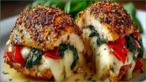 Stuffed Chicken Breast Recipe for Busy Weeknights and Special Dinners Juicy stuffed chicken breast filled with herbs and cheese on a plate.
