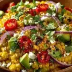 Colorful sweet corn salad with vegetables in a bowl