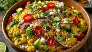 How to make Sweet Corn Salad? Colorful sweet corn salad with vegetables in a bowl