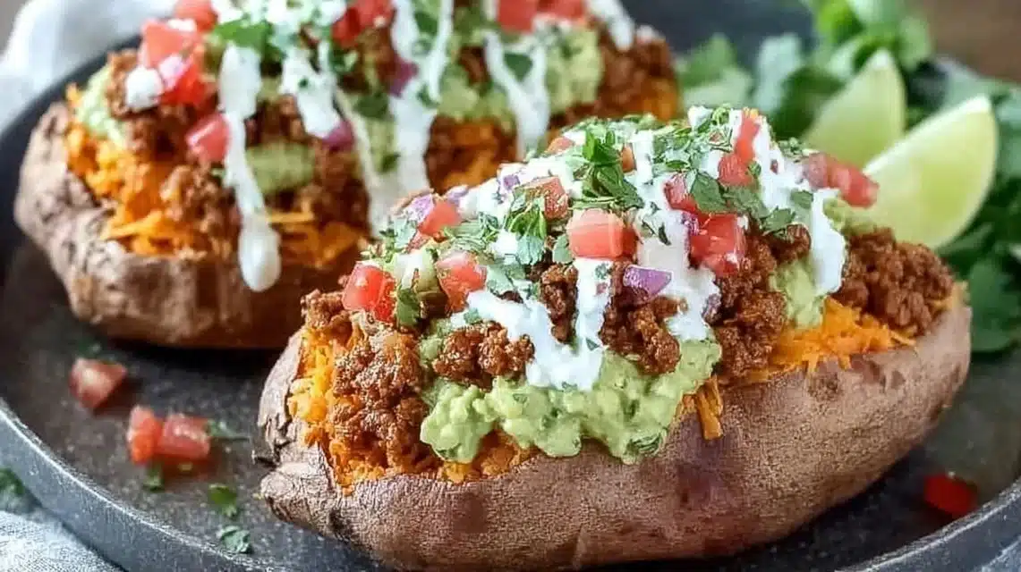 Taco stuffed sweet potatoes topped with fresh ingredients and spices.