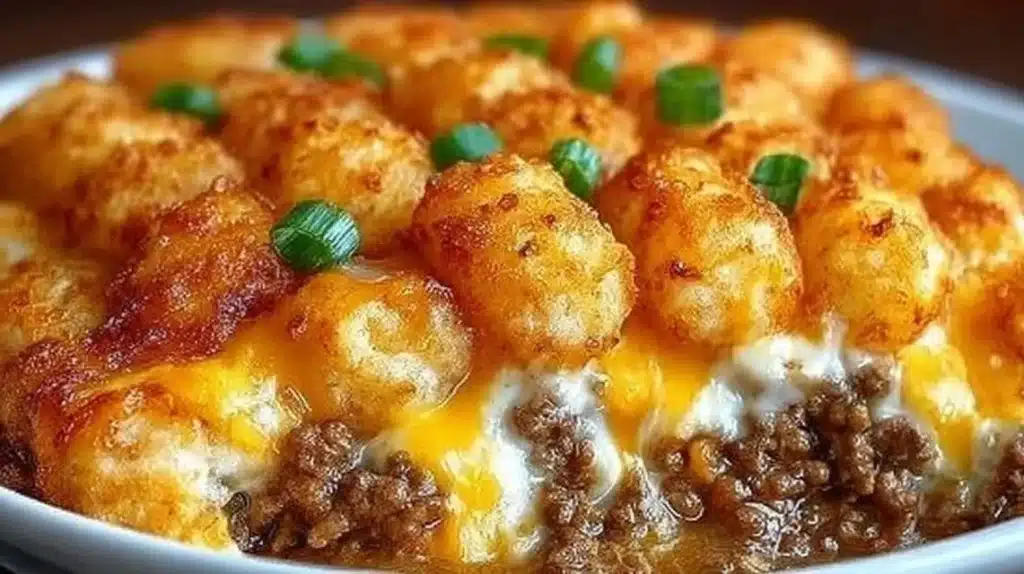 Tater Tot Casserole with Ground Beef served in a baking dish