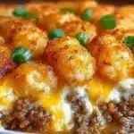Tater Tot Casserole with Ground Beef served in a baking dish