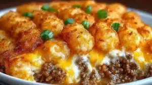 Tater Tot Casserole with Ground Beef served in a baking dish