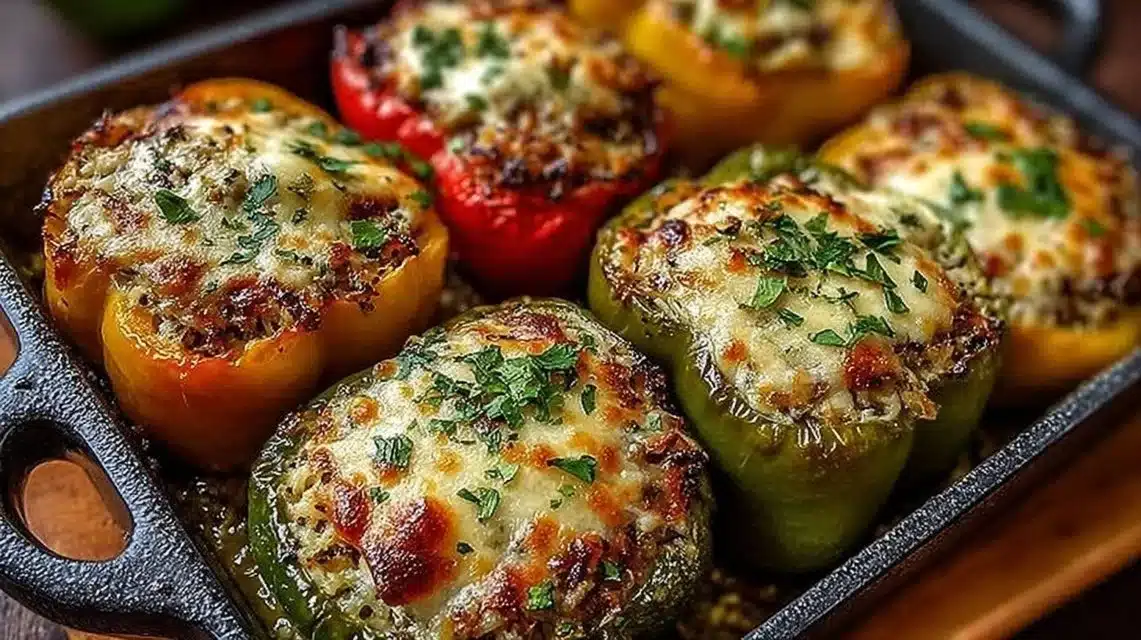 Delicious vegetarian stuffed bell peppers filled with rice and vegetables.