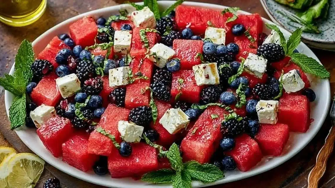 Colorful watermelon blueberry salad served in a bowl with mint garnish.