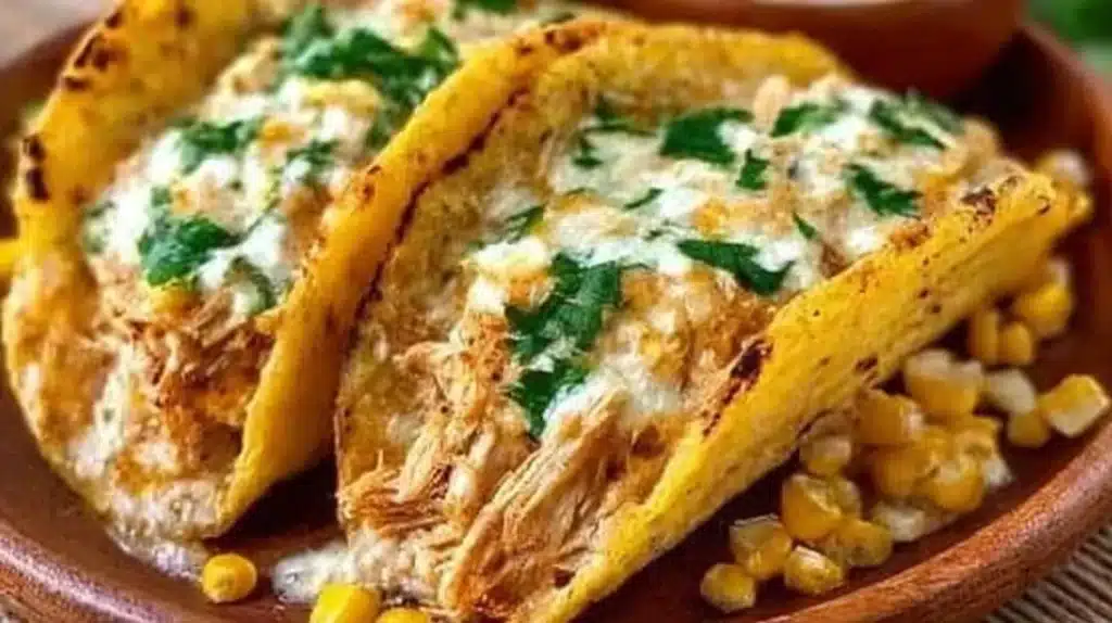 Delicious white chicken chili tacos served on a plate with toppings.