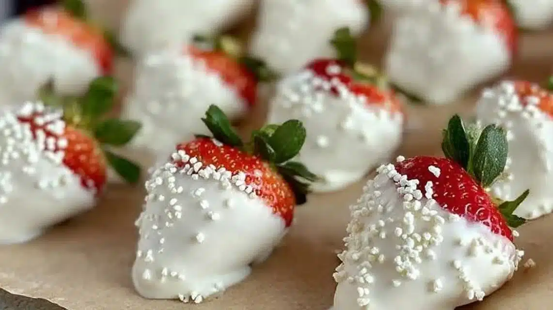 Delicious white chocolate covered strawberry cupcakes with fresh strawberries on top