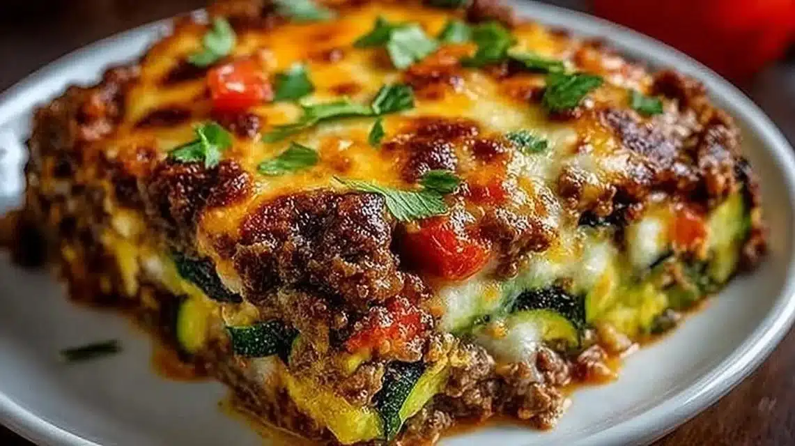 Delicious Zucchini Pizza Casserole topped with cheese and fresh ingredients