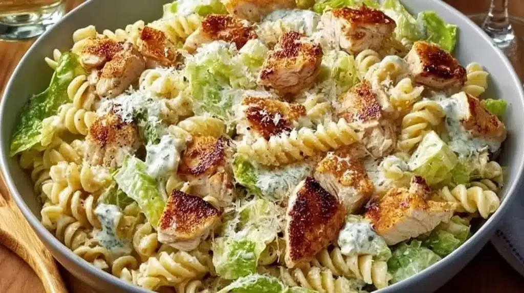 Delicious Chicken Caesar Pasta Salad in a bowl with fresh ingredients