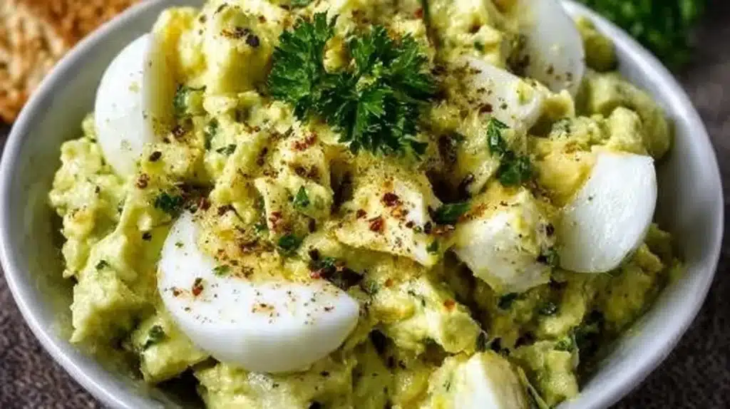 Creamy avocado egg salad served on a plate with fresh toppings