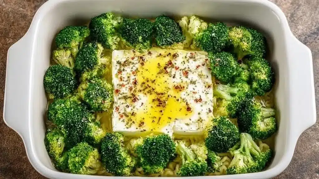 Baked feta pasta with broccoli served in a dish