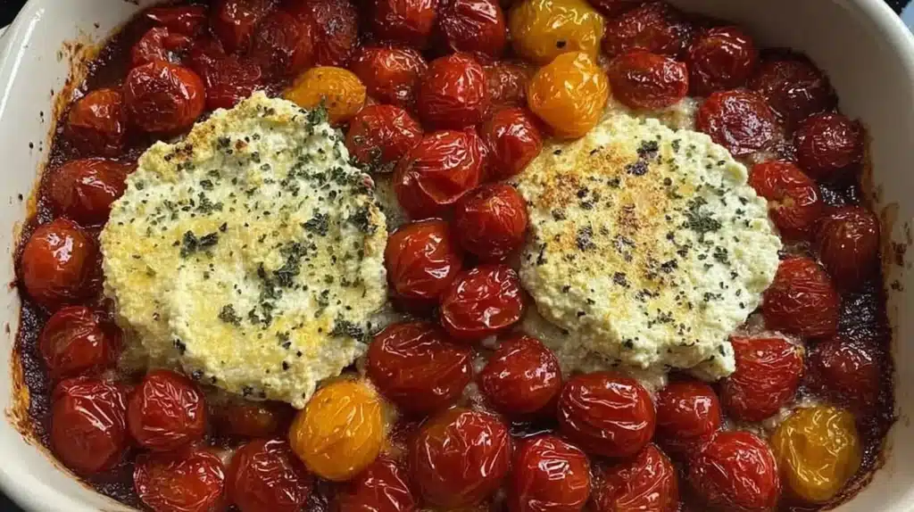 Baked Feta Pasta with Boursin and sun-dried tomatoes topped with spinach