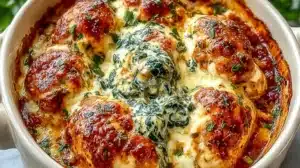 Baked Tuscan Chicken Casserole with vegetables and herbs in a baking dish.