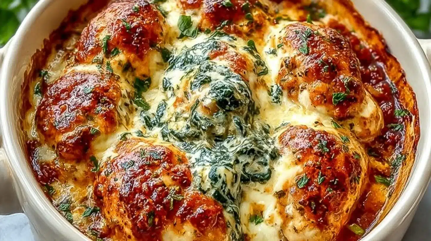 Baked Tuscan Chicken Casserole That’s Creamy and Comforting 1 Baked Tuscan Chicken Casserole with vegetables and herbs in a baking dish.