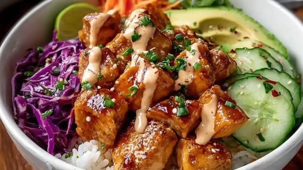A delicious Bang Bang Chicken Bowl with spicy chicken and fresh vegetables.