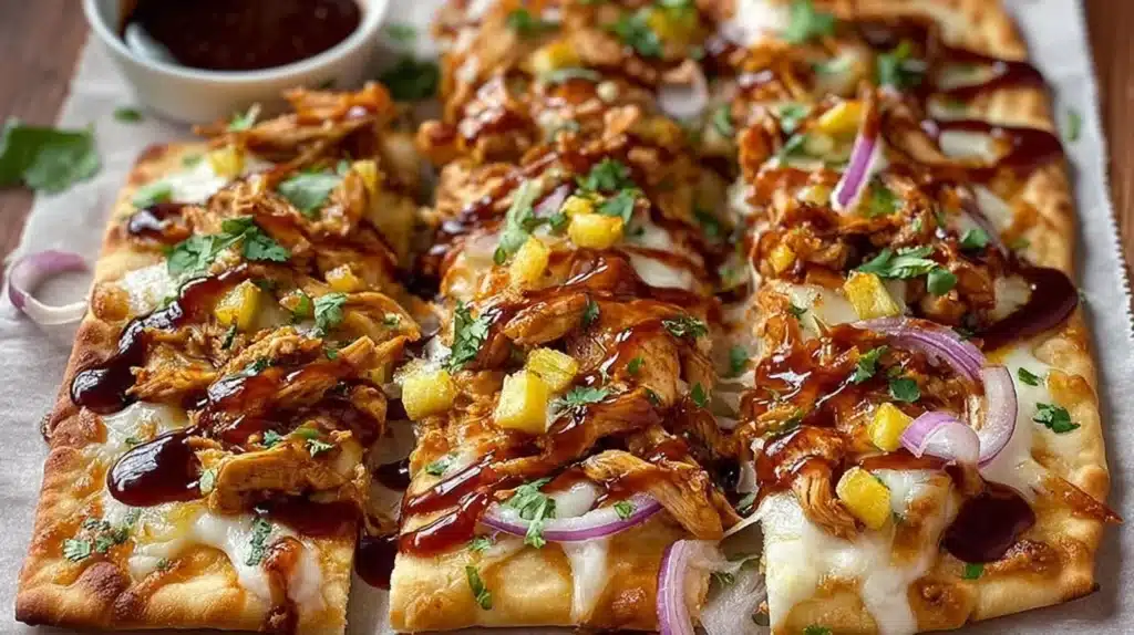BBQ chicken flatbread topped with fresh ingredients and drizzled with sauce