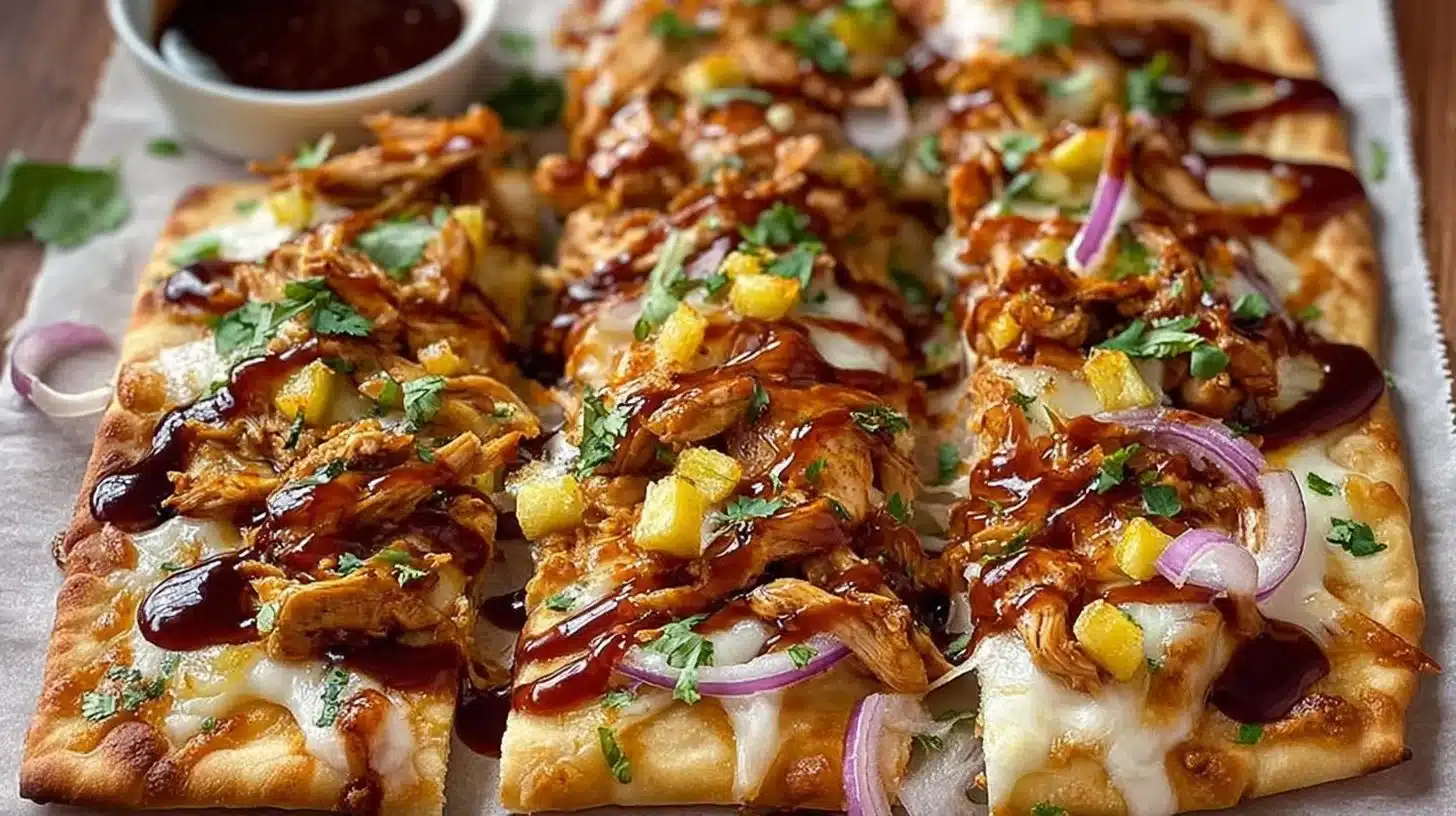 BBQ chicken flatbread topped with fresh ingredients and drizzled with sauce