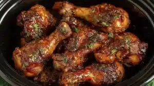 BBQ chicken legs cooked in a crock pot with a delicious glaze