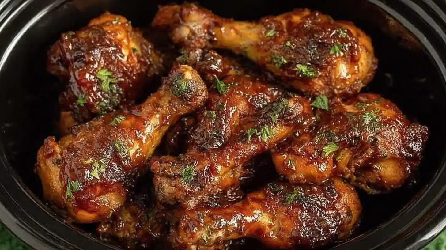 BBQ chicken legs cooked in a crock pot with a delicious glaze