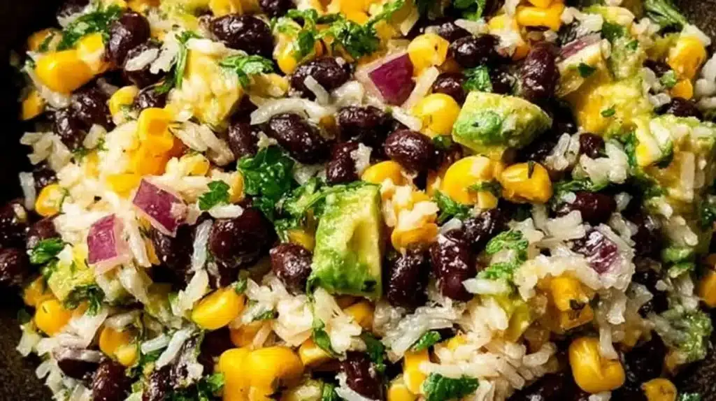 Colorful black bean salad with fresh vegetables and herbs in a bowl.