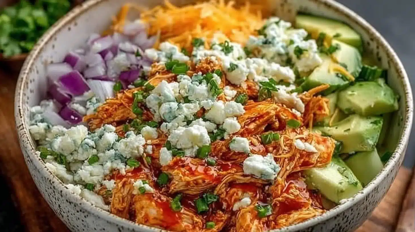 A delicious Buffalo Chicken Bowl topped with creamy dressing and fresh veggies.
