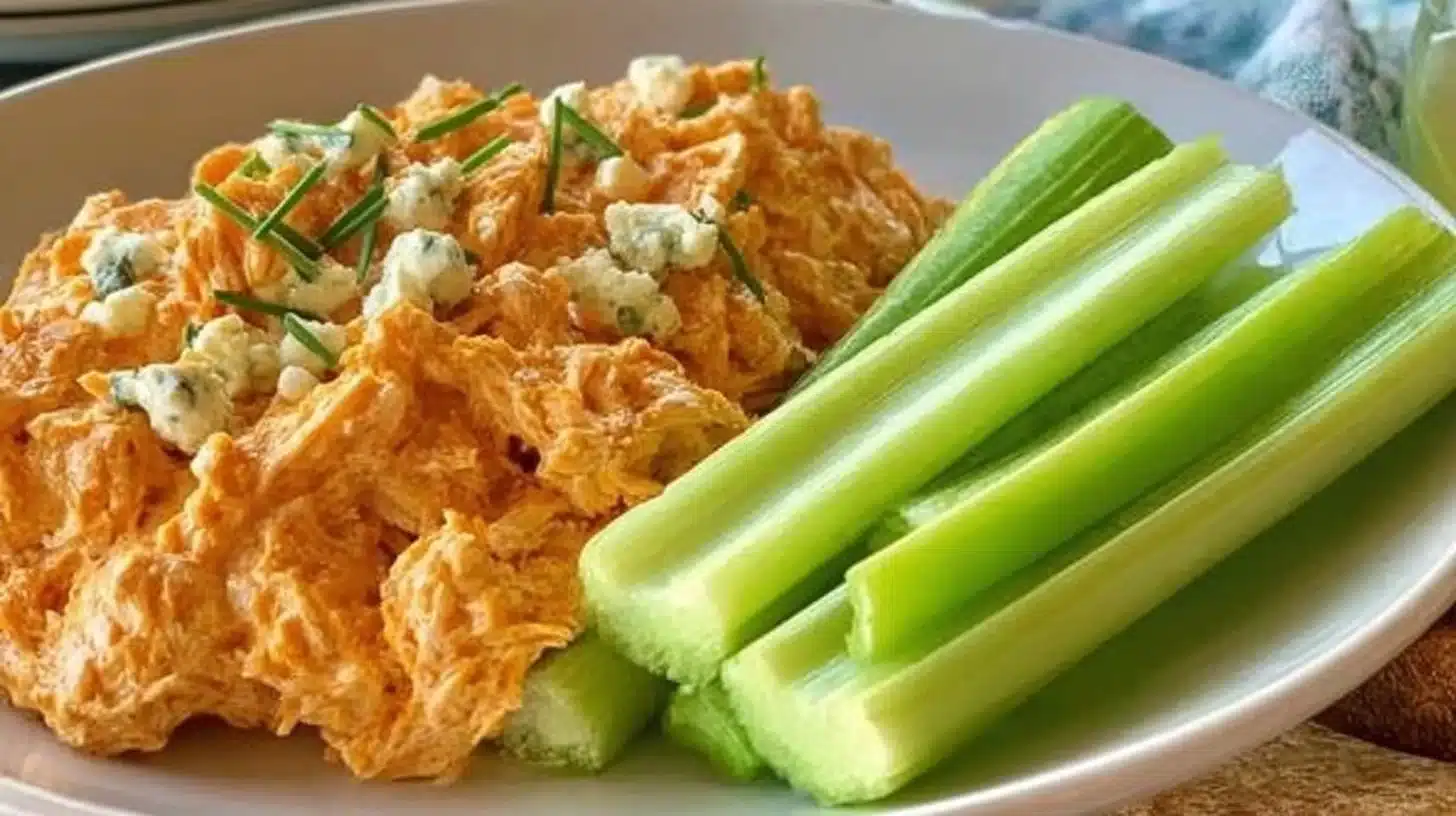 Buffalo Chicken Salad Recipe: Creamy, Zesty & Crunchy 1 Creamy and zesty Buffalo Chicken Salad served in a bowl with crunchy vegetables