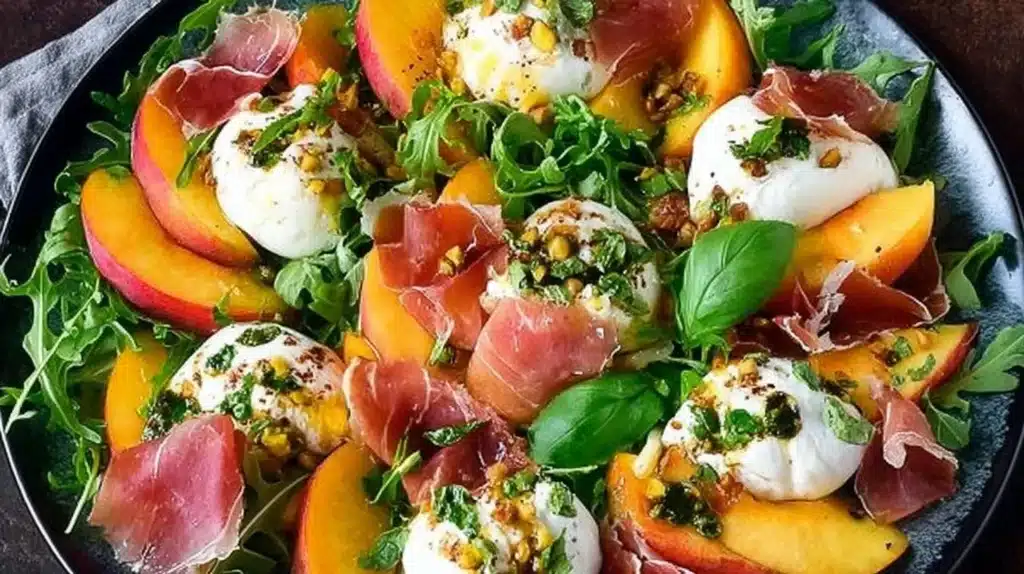 Burrata Salad with Peaches and Prosciutto, showcasing creamy burrata cheese with fresh ingredients.