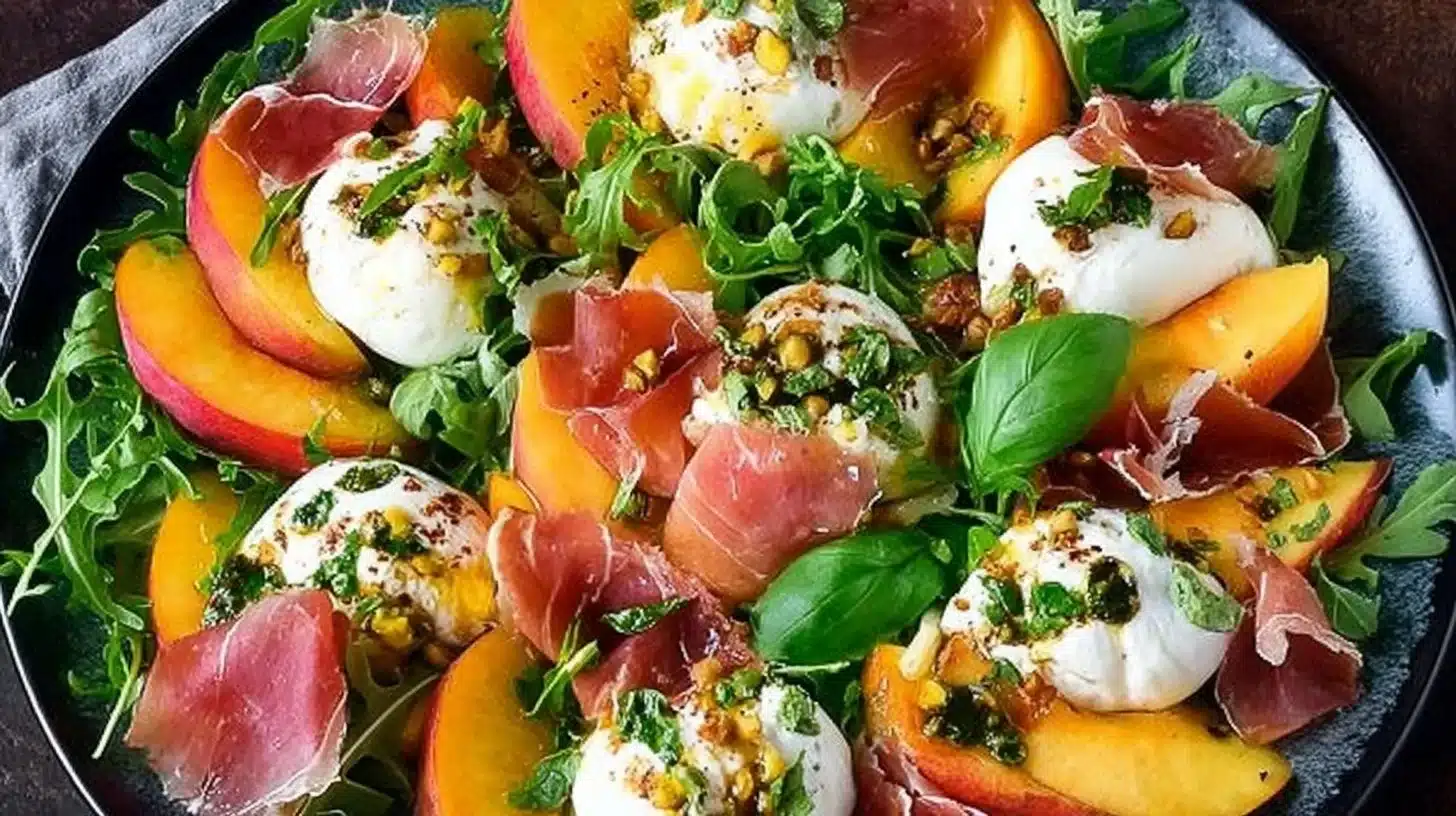 Burrata Salad with Peaches and Prosciutto, showcasing creamy burrata cheese with fresh ingredients.