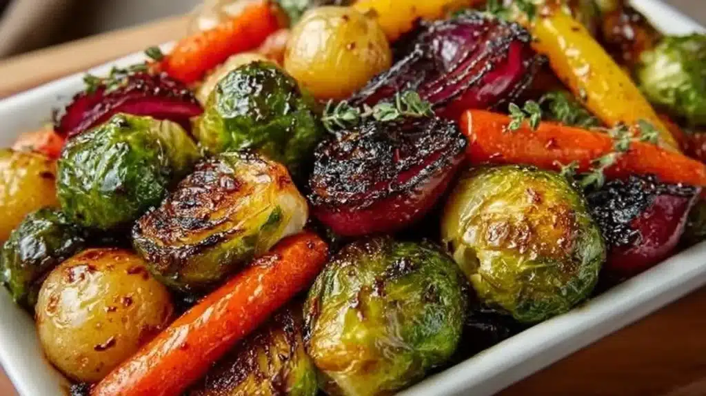Balsamic roasted vegetables caramelized to perfection, served as a side dish.