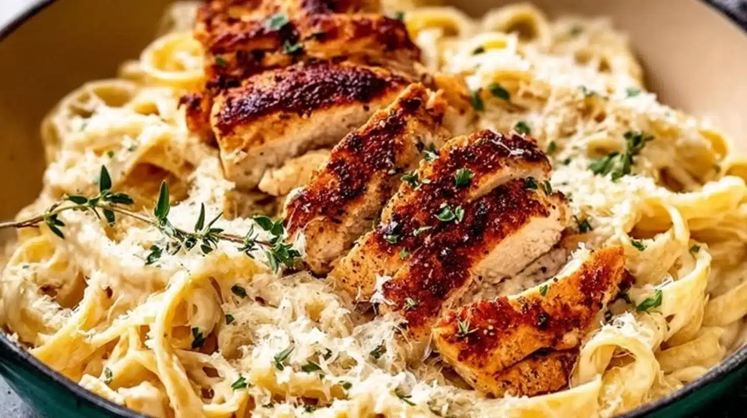 Easy Chicken Alfredo Everyone Will Love at First Bite 1 Creamy Chicken Alfredo accompanied by fettuccine pasta and garnished with parsley.