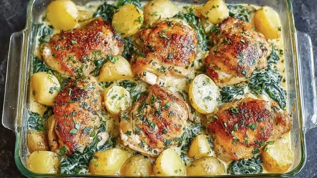 Creamy Chicken and Potatoes with Garlic Parmesan Sauce served on a plate
