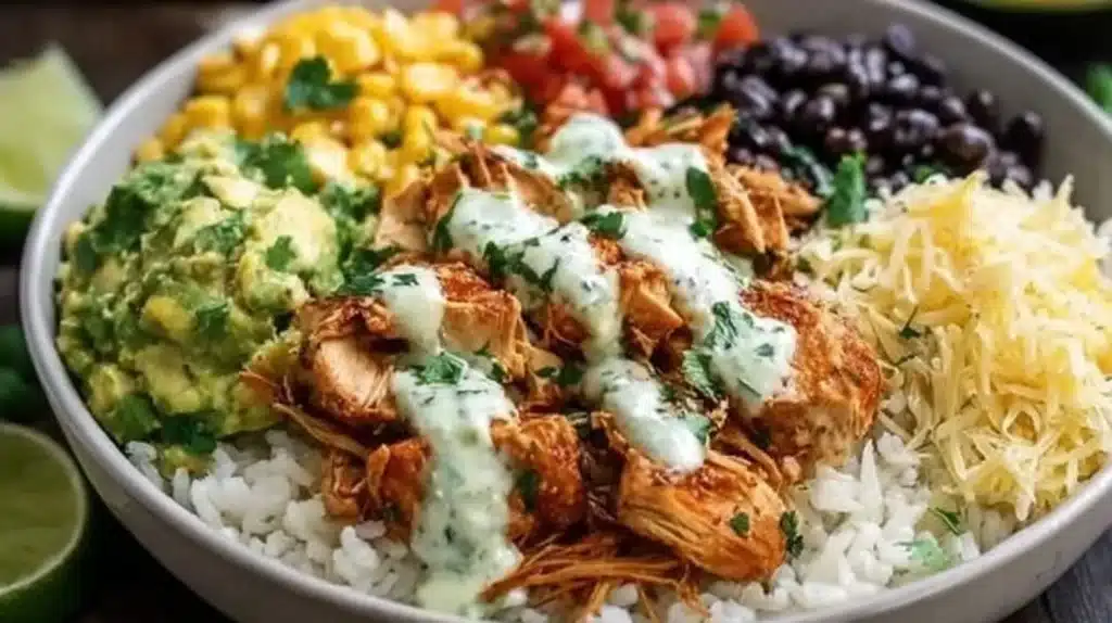 Delicious Chicken Burrito Bowl with chicken, rice, beans, and fresh toppings