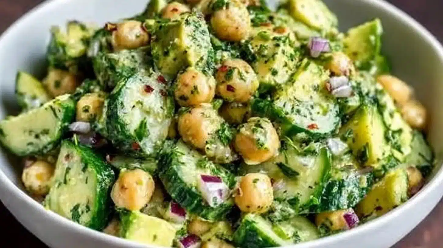 Chickpea Avocado Cucumber Salad with Zesty Lemon Dressing 1 Chickpea avocado cucumber salad with zesty lemon dressing on a plate