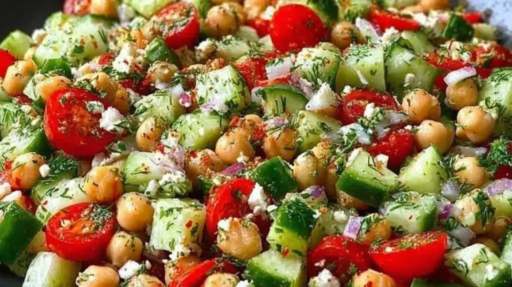 Chickpea cucumber salad with fresh vegetables and herbs in a bowl