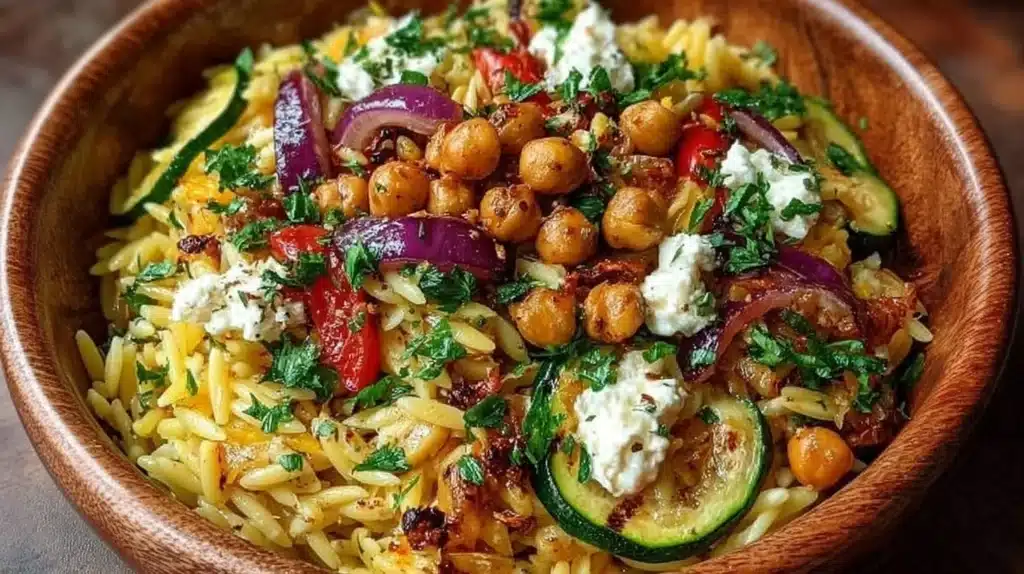 Chickpea orzo bowl with goat cheese, roasted vegetables, and walnuts