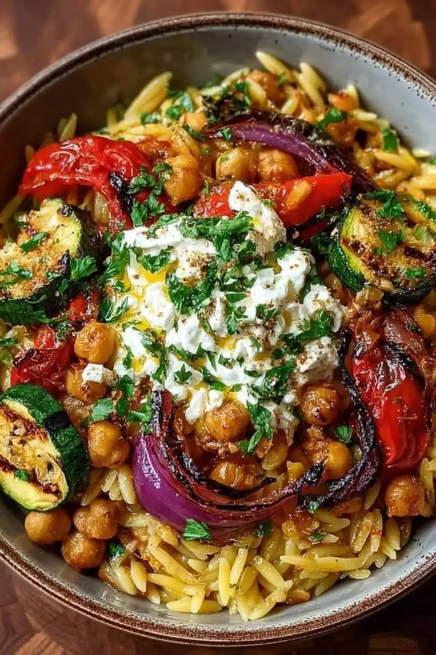 Chickpea & Orzo Bowl with Goat Cheese, Roasted Veggies & Walnuts