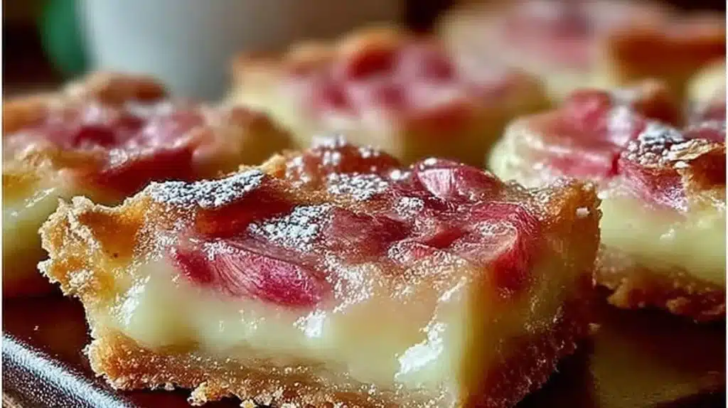 Delicious Classic Rhubarb Custard Bars with a crispy crust and creamy filling