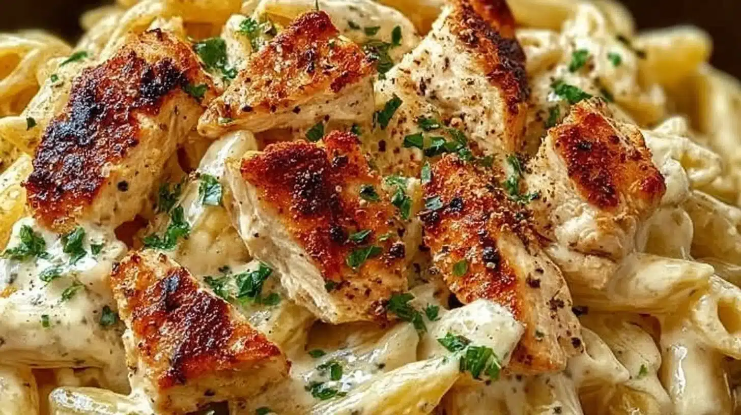 Creamy Boursin Chicken Pasta - Easy Weeknight Dinner Recipe 1 Creamy Boursin Chicken Pasta served in a bowl with fresh herbs
