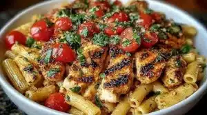 Creamy Bruschetta Chicken Pasta with Tomato Basil Sauce Creamy Bruschetta Chicken Pasta with Tomato Basil Sauce served in a bowl
