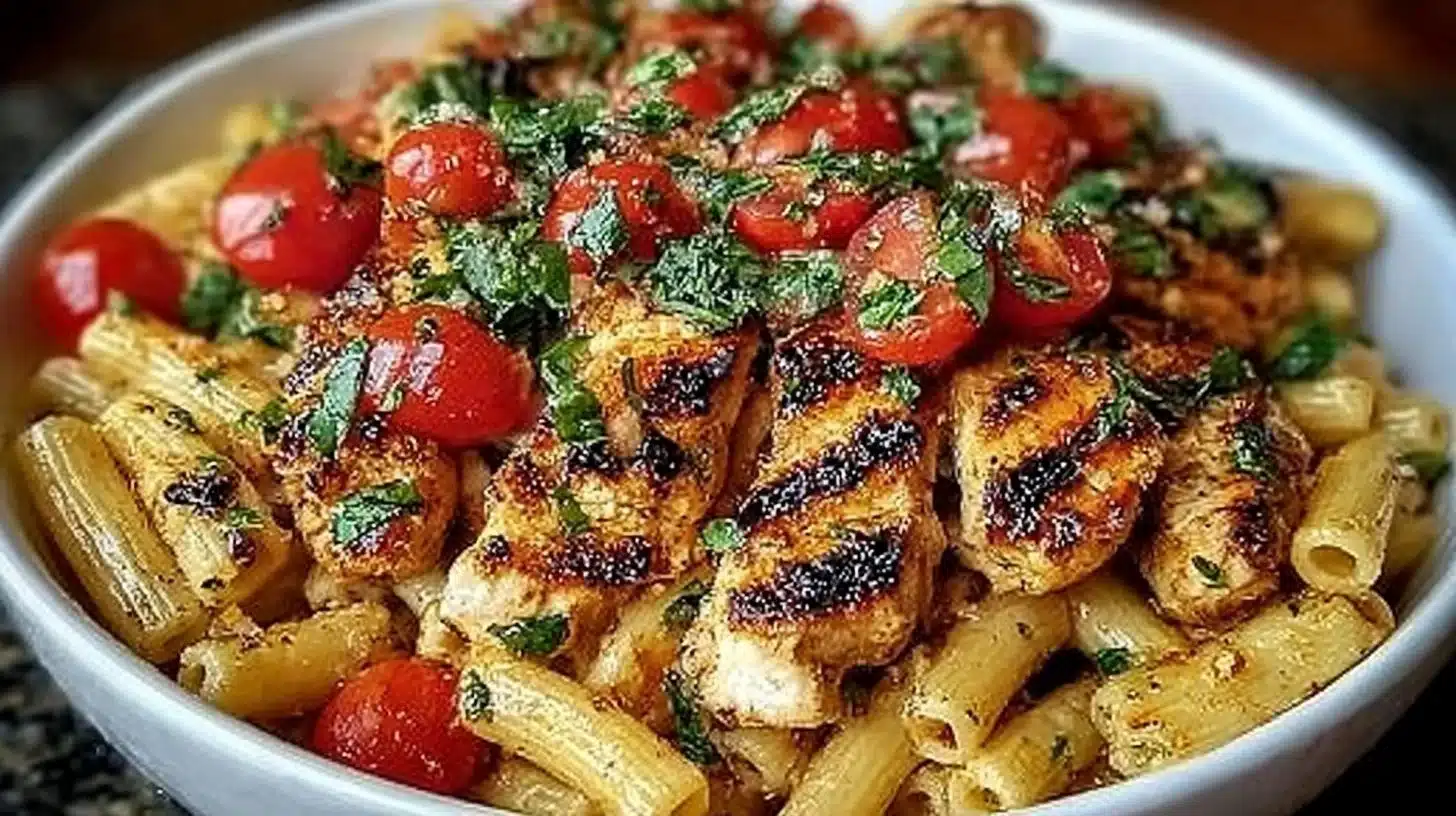 Creamy Bruschetta Chicken Pasta with Tomato Basil Sauce 1 Creamy Bruschetta Chicken Pasta with Tomato Basil Sauce served in a bowl