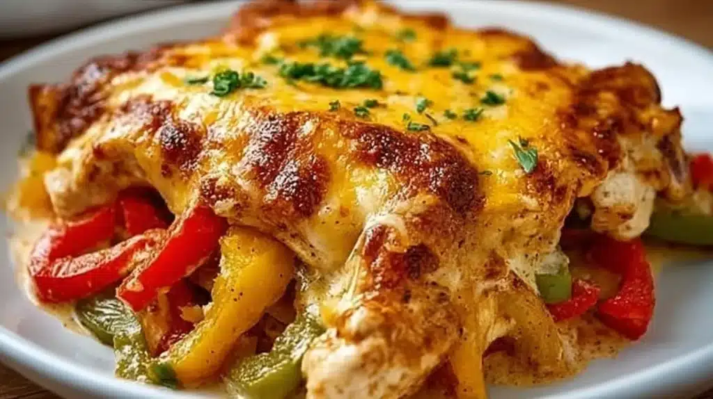 Creamy Fajita Chicken Bake with colorful peppers and melted cheese