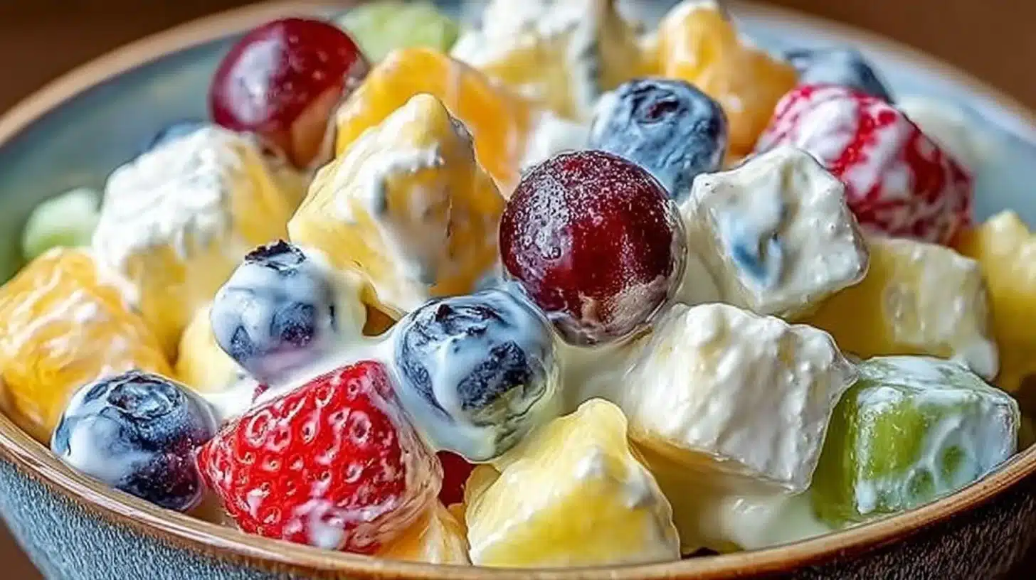 Best Creamy Fruit Salad Recipe for Fresh Family Gatherings 1 Delicious creamy fruit salad with colorful mixed fruits in a bowl