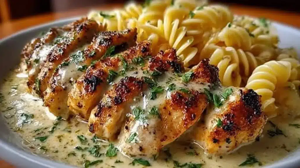 Creamy garlic butter chicken with Parmesan sauce served over rotini pasta